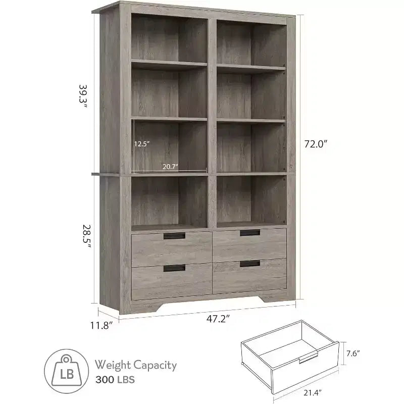 Libreria Acekool 183 cm Altezza, Doppia Larghezza 8 Ripiani con 4 Cassetti, Antiribaltamento, Contenitore Stile Rustico per Soggiorno, Camera da Letto, Ufficio, 120 cm L x 30 cm P