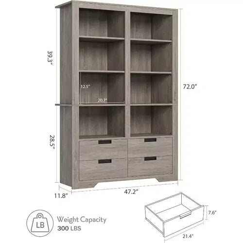 Libreria Acekool 183 cm Altezza, Doppia Larghezza 8 Ripiani con 4 Cassetti, Antiribaltamento, Contenitore Stile Rustico per Soggiorno, Camera da Letto, Ufficio, 120 cm L x 30 cm P