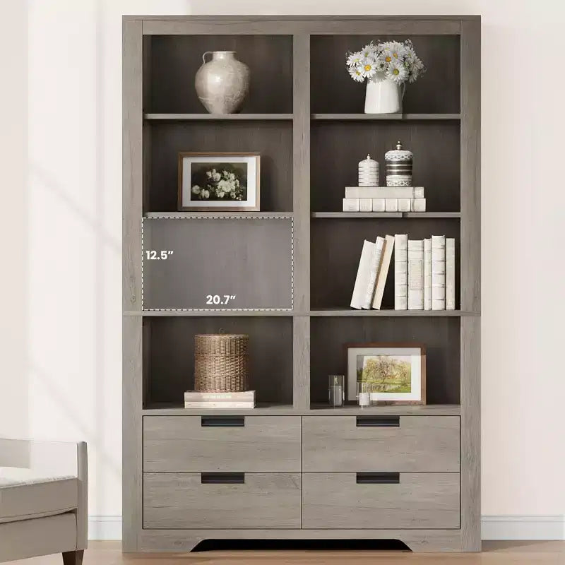 Libreria Acekool 183 cm Altezza, Doppia Larghezza 8 Ripiani con 4 Cassetti, Antiribaltamento, Contenitore Stile Rustico per Soggiorno, Camera da Letto, Ufficio, 120 cm L x 30 cm P