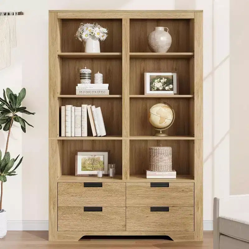 Libreria Acekool 183 cm Altezza, Doppia Larghezza 8 Ripiani con 4 Cassetti, Antiribaltamento, Contenitore Stile Rustico per Soggiorno, Camera da Letto, Ufficio, 120 cm L x 30 cm P