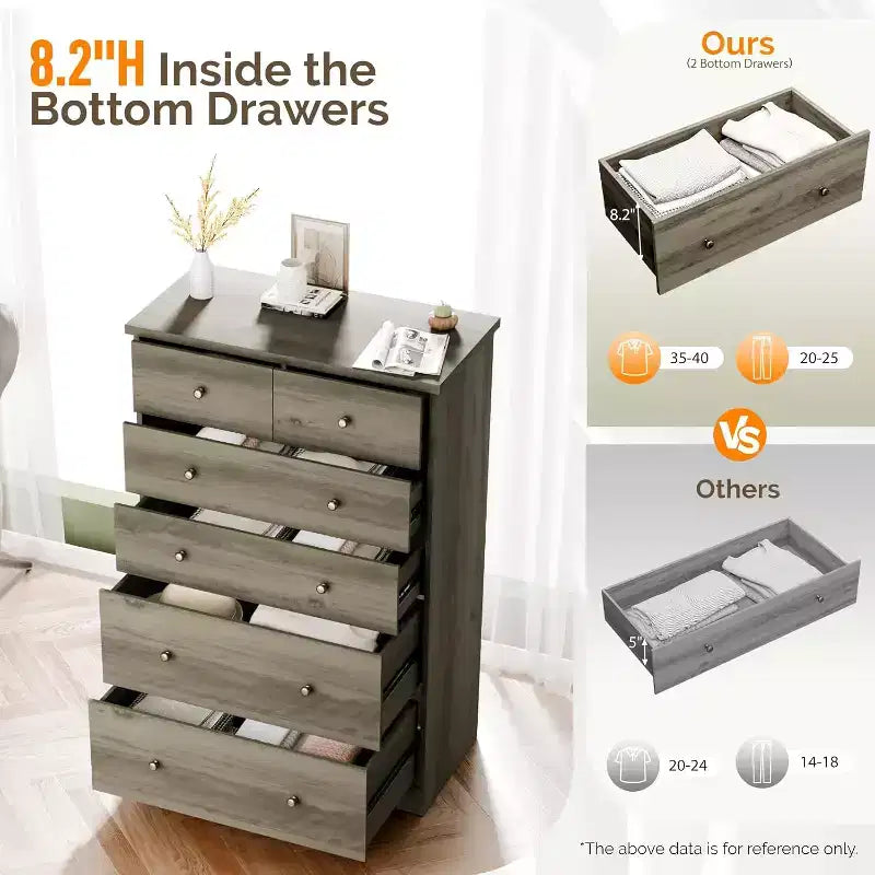 VINGLI Cassettiera Alta, Cassettiera Grigia a 6 Cassetti, Comò in Legno Grigio per Camera da Letto