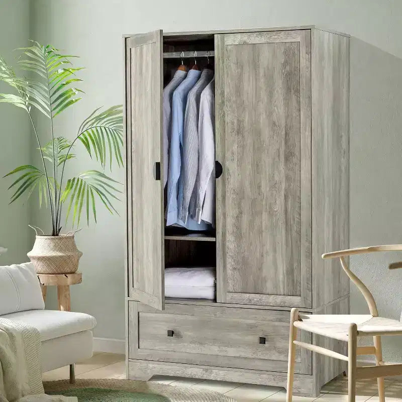 VINGLI Wide Armoire Wardrobe Closet with Hanging Rod, Adjustable Shelves and Drawer, Freestanding Wardrobe Closet