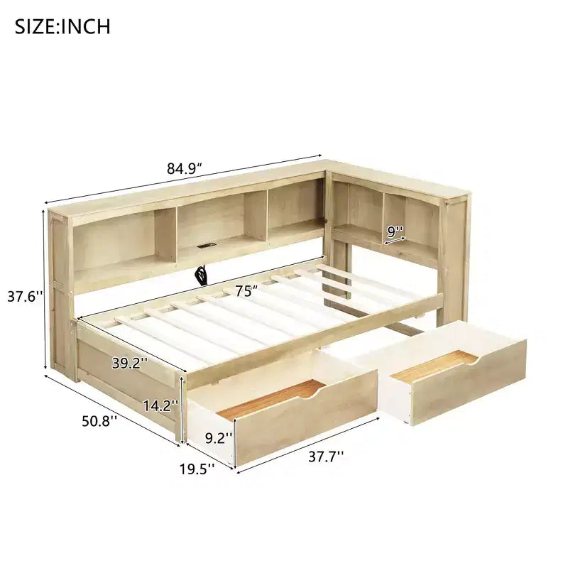 Divano Letto Singolo con Letto Estraibile e Libreria, Divano Letto a L con Mensole e Porte USB, Struttura Letto ad Angolo Singolo con Testiera