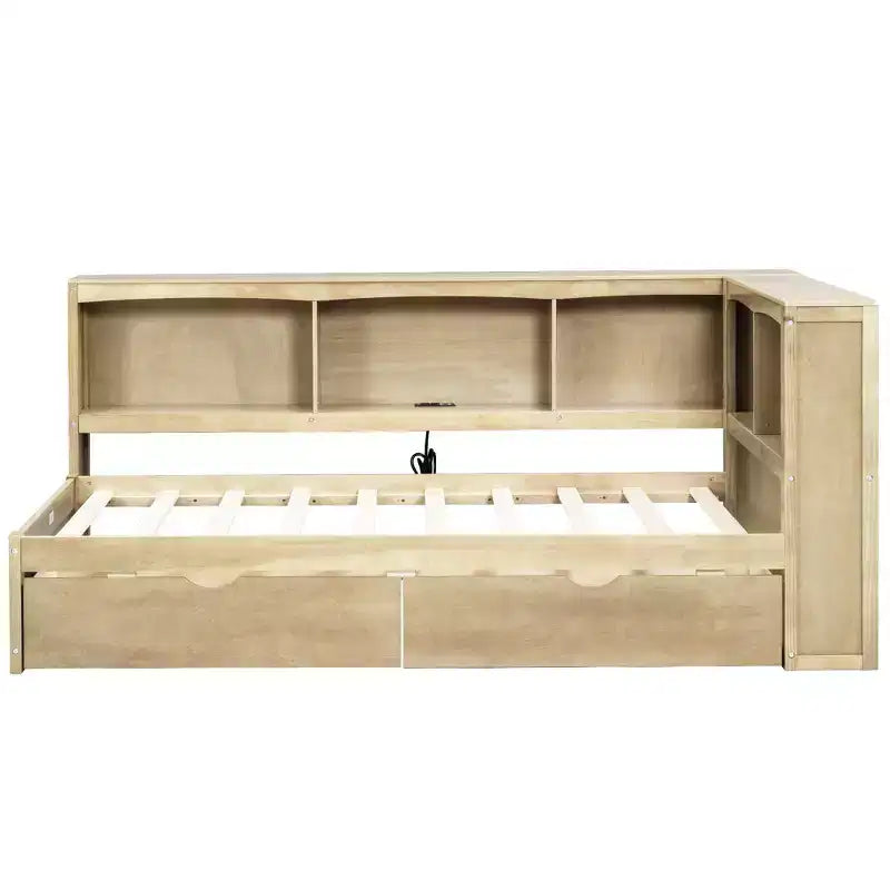 Divano Letto Singolo con Letto Estraibile e Libreria, Divano Letto a L con Mensole e Porte USB, Struttura Letto ad Angolo Singolo con Testiera