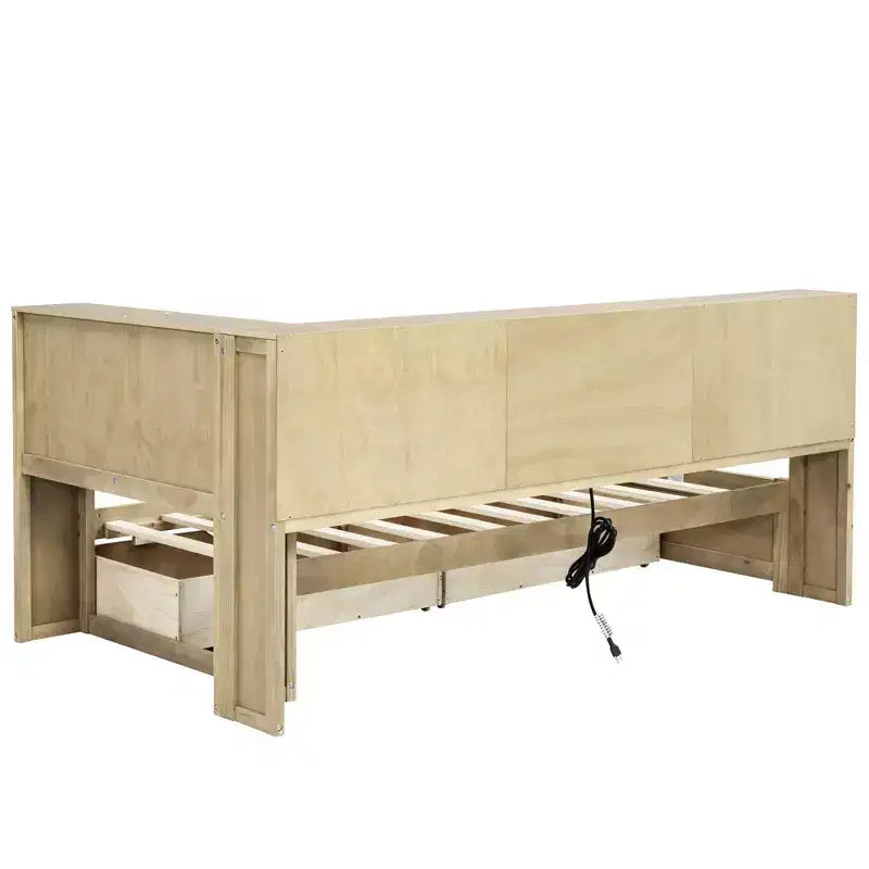 Divano Letto Singolo con Letto Estraibile e Libreria, Divano Letto a L con Mensole e Porte USB, Struttura Letto ad Angolo Singolo con Testiera