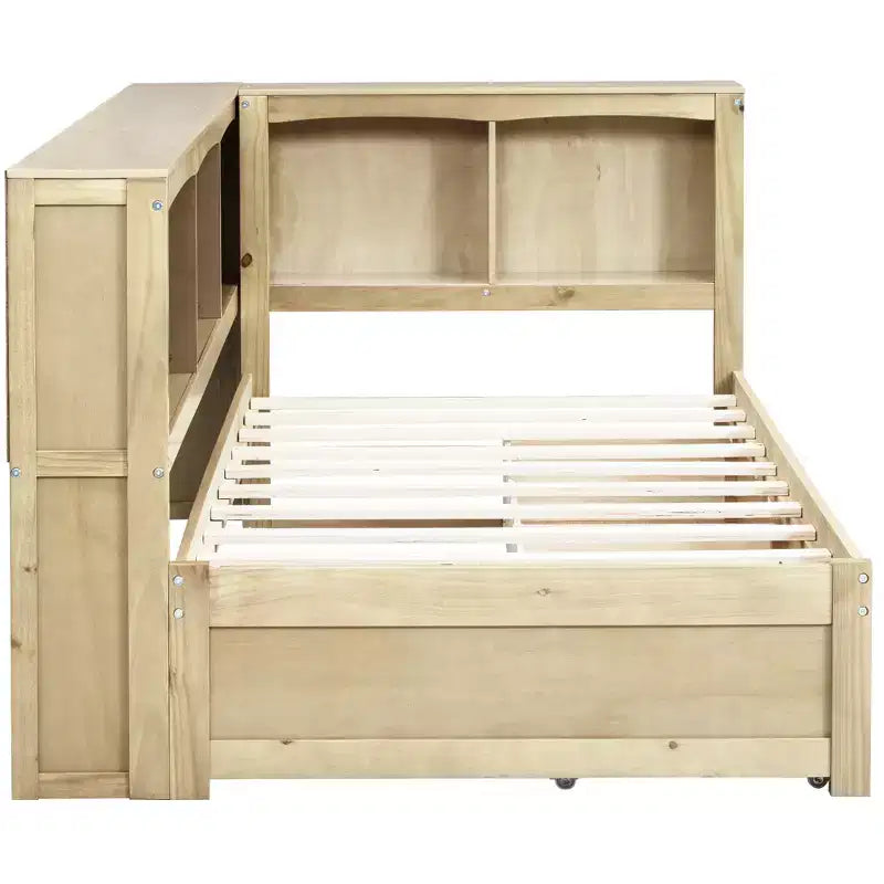 Divano Letto Singolo con Letto Estraibile e Libreria, Divano Letto a L con Mensole e Porte USB, Struttura Letto ad Angolo Singolo con Testiera