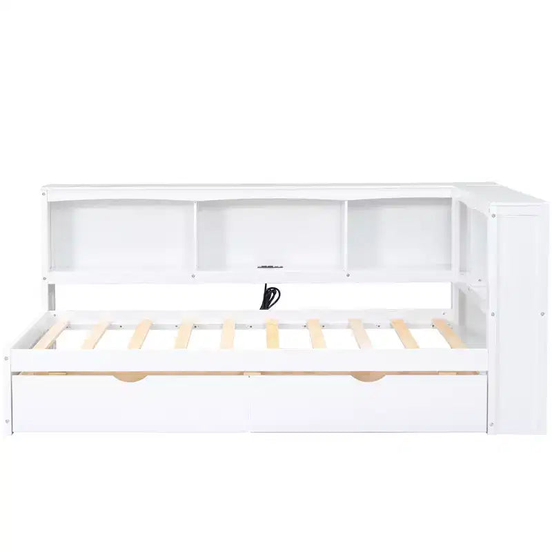 Divano Letto Singolo con Letto Estraibile e Libreria, Divano Letto a L con Mensole e Porte USB, Struttura Letto ad Angolo Singolo con Testiera