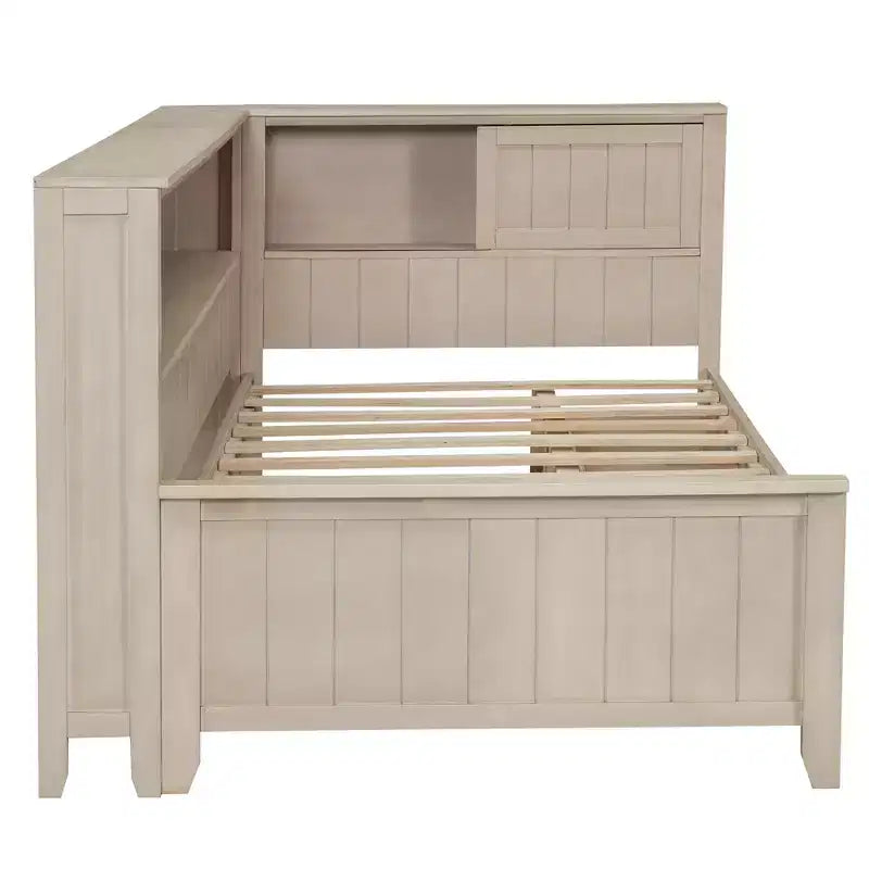 Divano letto contenitore in legno, base letto a piattaforma con mensole e 3 cassetti e ante scorrevoli, letto ad angolo a L con contenitori, bianco antico