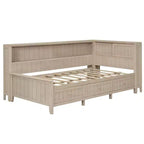 Divano letto contenitore in legno, base letto a piattaforma con mensole e 3 cassetti e ante scorrevoli, letto ad angolo a L con contenitori, bianco antico