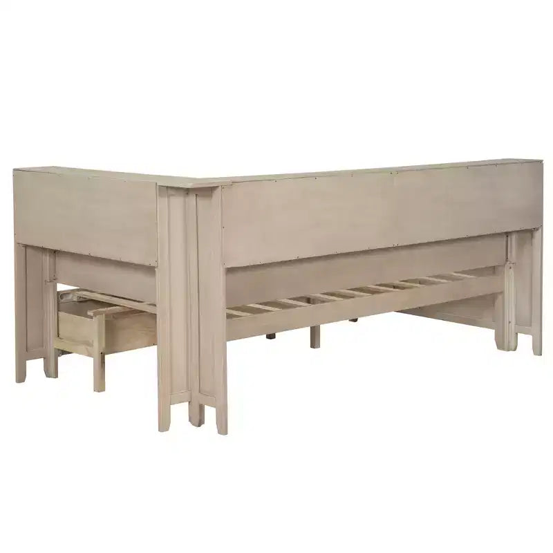 Divano letto contenitore in legno, base letto a piattaforma con mensole e 3 cassetti e ante scorrevoli, letto ad angolo a L con contenitori, bianco antico