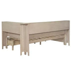 Divano letto contenitore in legno, base letto a piattaforma con mensole e 3 cassetti e ante scorrevoli, letto ad angolo a L con contenitori, bianco antico