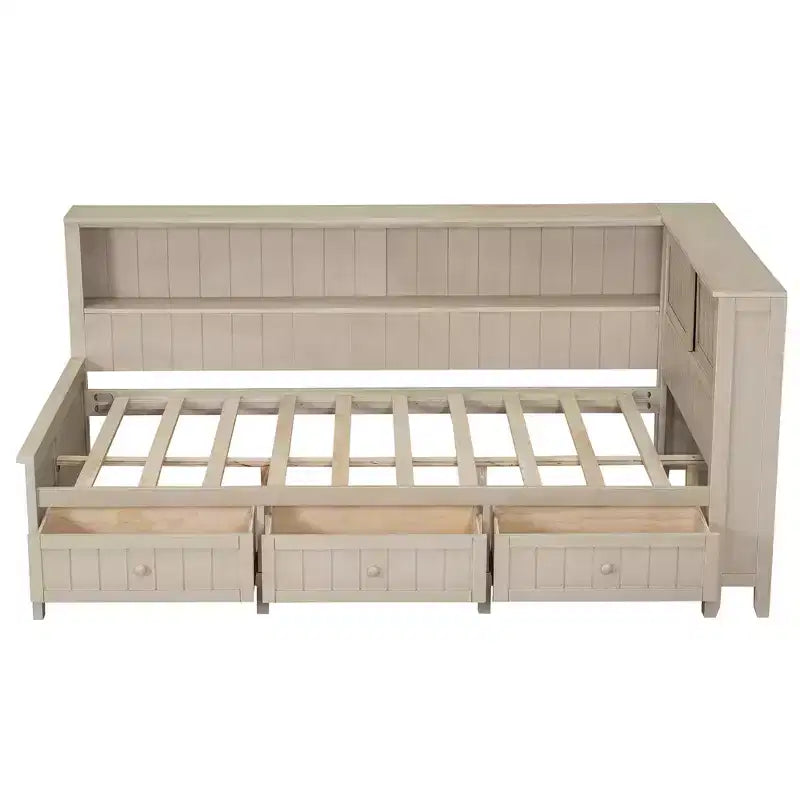Divano letto contenitore in legno, base letto a piattaforma con mensole e 3 cassetti e ante scorrevoli, letto ad angolo a L con contenitori, bianco antico