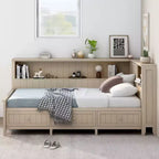 Divano letto contenitore in legno, base letto a piattaforma con mensole e 3 cassetti e ante scorrevoli, letto ad angolo a L con contenitori, bianco antico