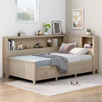 Divano letto contenitore in legno, base letto a piattaforma con mensole e 3 cassetti e ante scorrevoli, letto ad angolo a L con contenitori, bianco antico