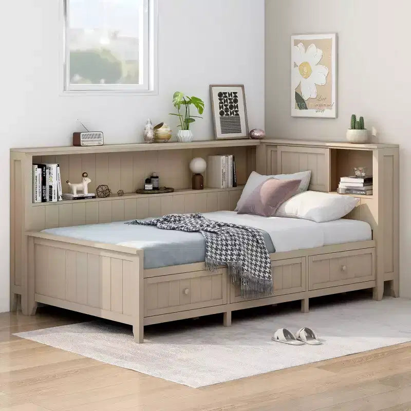 Divano letto contenitore in legno, base letto a piattaforma con mensole e 3 cassetti e ante scorrevoli, letto ad angolo a L con contenitori, bianco antico