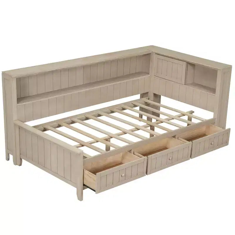 Divano letto contenitore in legno, base letto a piattaforma con mensole e 3 cassetti e ante scorrevoli, letto ad angolo a L con contenitori, bianco antico