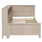 Divano letto contenitore in legno, base letto a piattaforma con mensole e 3 cassetti e ante scorrevoli, letto ad angolo a L con contenitori, bianco antico