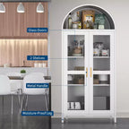 73 Moderno armadietto ad arco in metallo con ante in vetro e 2 ripiani regolabili, mobile contenitore con parte superiore ad arco per dispensa, soggiorno e sala da pranzo