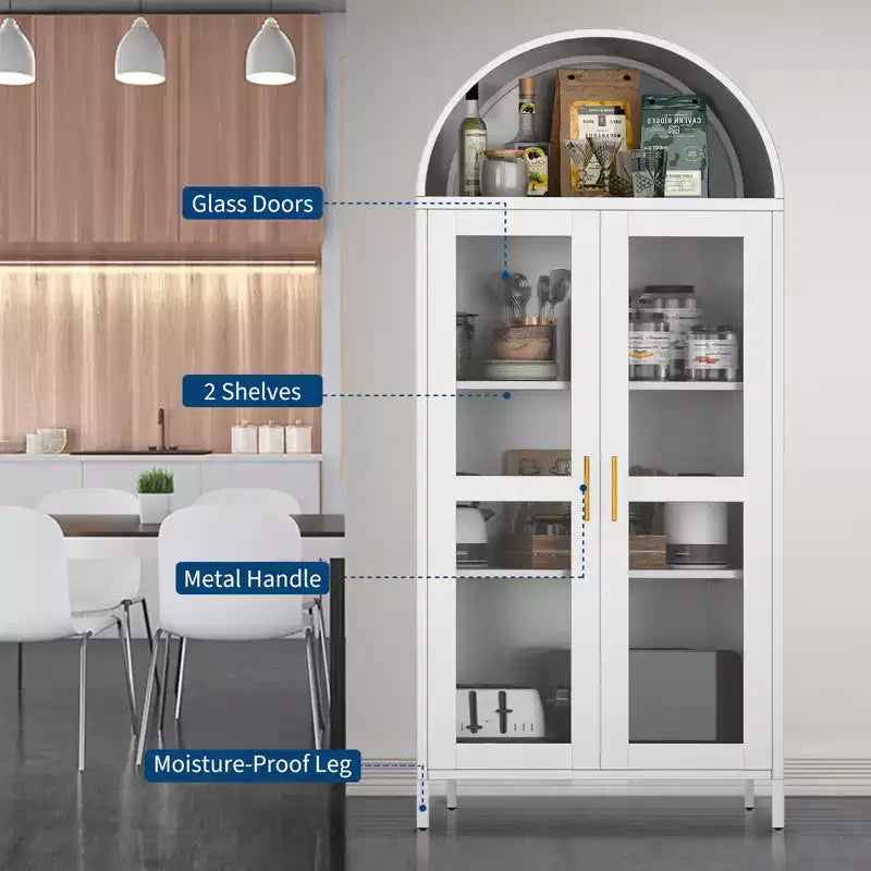 73 Moderno armadietto ad arco in metallo con ante in vetro e 2 ripiani regolabili, mobile contenitore con parte superiore ad arco per dispensa, soggiorno e sala da pranzo