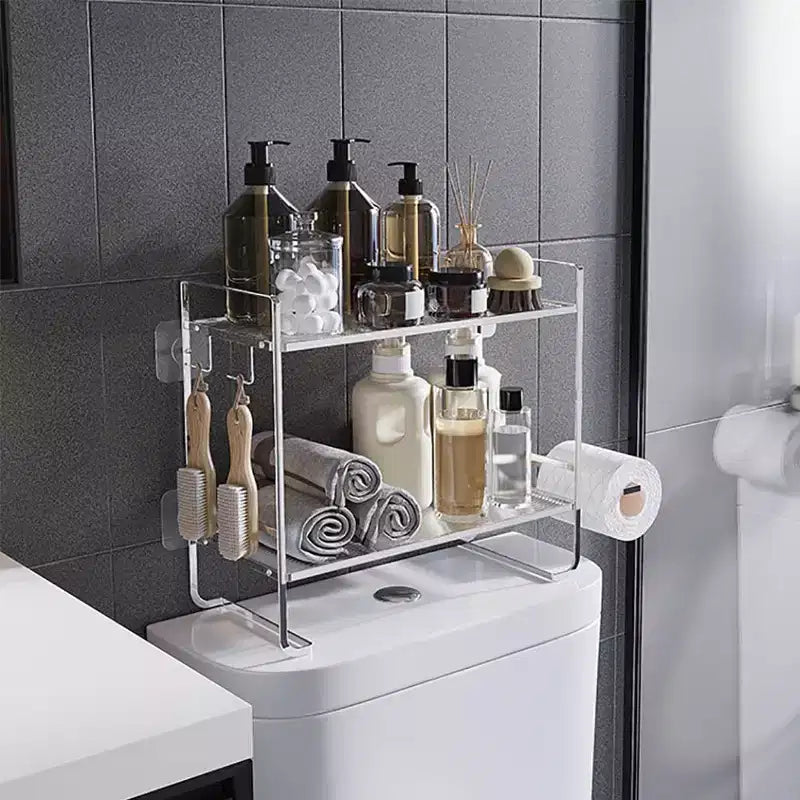 Organizzatore a 2 Livelli per Bagno, Salvaspazio Multiuso in Metallo, da posizionare sopra il WC con 2 Ganci