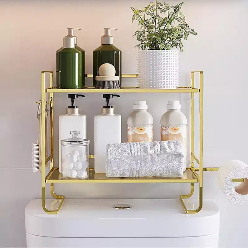 Organizzatore a 2 Livelli per Bagno, Salvaspazio Multiuso in Metallo, da posizionare sopra il WC con 2 Ganci