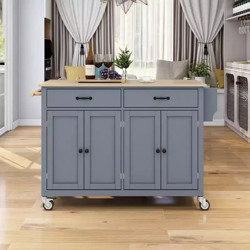 Okak Modrn Isola da Cucina con Anta a Ribalta e Ripiani Regolabili, Carrello da Cucina con Ruote e Cassetti, Mobile Contenitore Tavolo da Pranzo Pieghevole