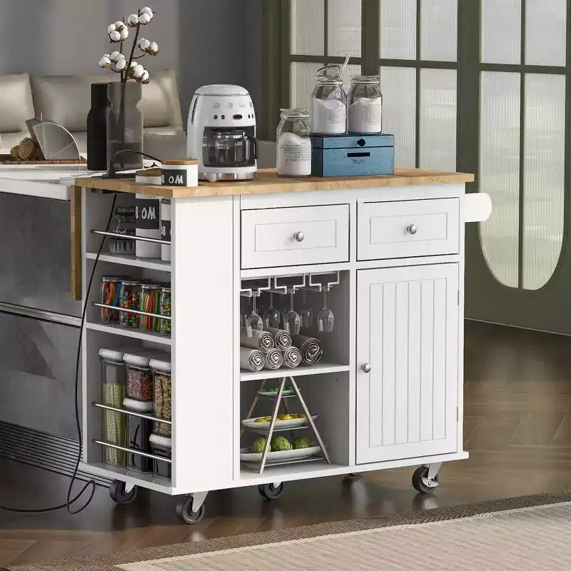 Okak Isola da Cucina Moderna con Anta a Ribalta e Ripiani Regolabili, Carrello da Cucina con Ruote, Ripiani e Cassetti, Mobile Contenitore Tavolo da Pranzo Pieghevole