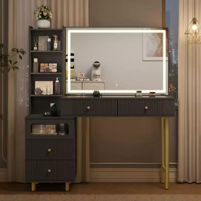 Toeletta da trucco da 48 pollici con specchio e luci, toeletta moderna scanalata con piano in vetro e mobiletto contenitore