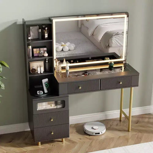 48 Makeup Vanity with Mirror and Lights, Fluted Modern Vanity with Glass top & Storage Cabinet
