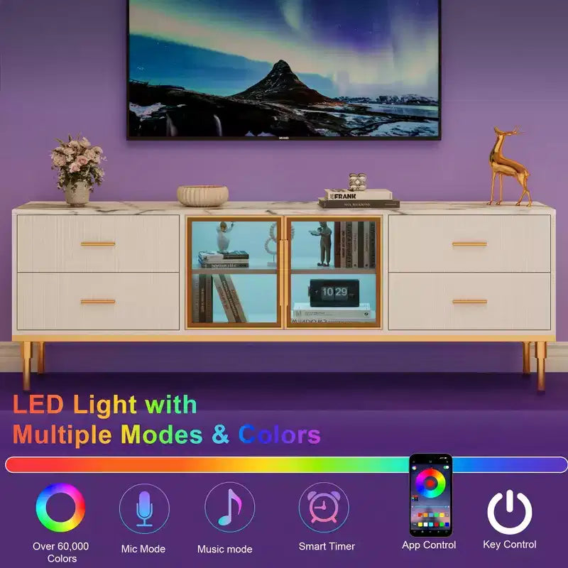 Mobile TV a incasso con illuminazione LED, Centro di intrattenimento moderno per TV fino a 75 pollici, Piano effetto marmo, 4 cassetti.