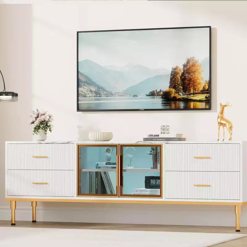 Mobile TV a incasso con illuminazione LED, Centro di intrattenimento moderno per TV fino a 75 pollici, Piano effetto marmo, 4 cassetti.