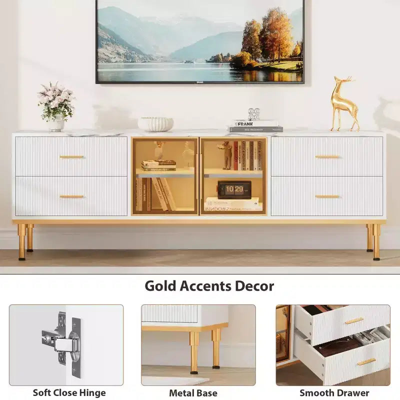 Mobile TV a incasso con illuminazione LED, Centro di intrattenimento moderno per TV fino a 75 pollici, Piano effetto marmo, 4 cassetti.
