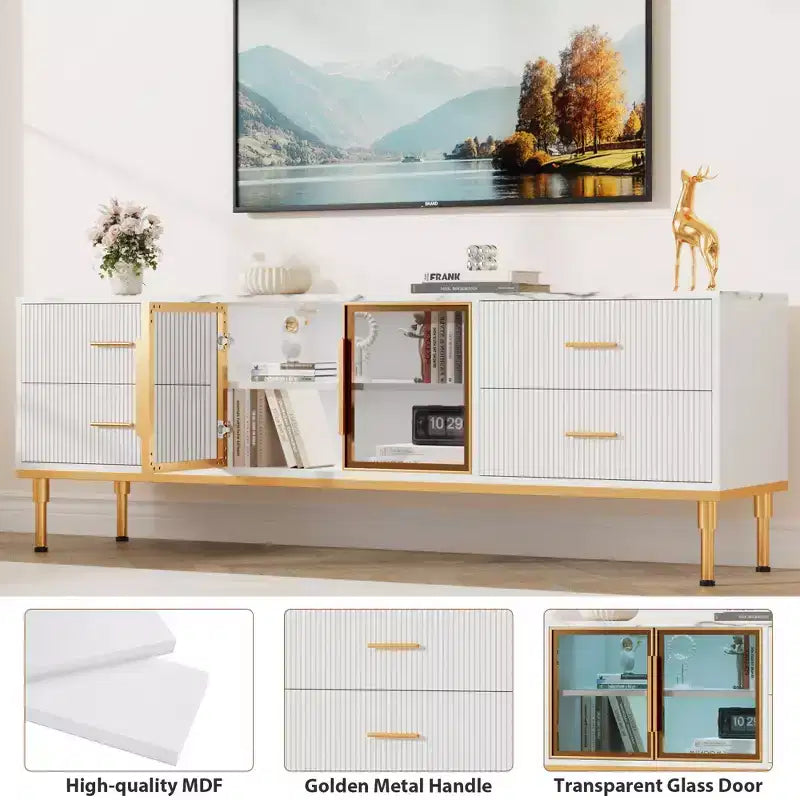 Mobile TV a incasso con illuminazione LED, Centro di intrattenimento moderno per TV fino a 75 pollici, Piano effetto marmo, 4 cassetti.