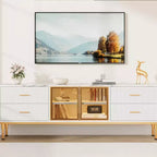 Mobile TV a incasso con illuminazione LED, Centro di intrattenimento moderno per TV fino a 75 pollici, Piano effetto marmo, 4 cassetti.