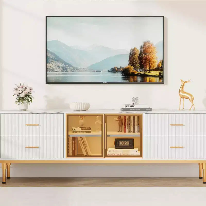 Mobile TV a incasso con illuminazione LED, Centro di intrattenimento moderno per TV fino a 75 pollici, Piano effetto marmo, 4 cassetti.