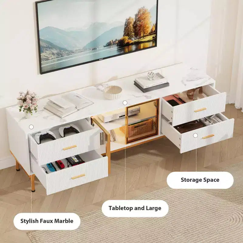 Mobile TV a incasso con illuminazione LED, Centro di intrattenimento moderno per TV fino a 75 pollici, Piano effetto marmo, 4 cassetti.