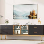 Mobile TV a incasso con illuminazione LED, Centro di intrattenimento moderno per TV fino a 75 pollici, Piano effetto marmo, 4 cassetti.