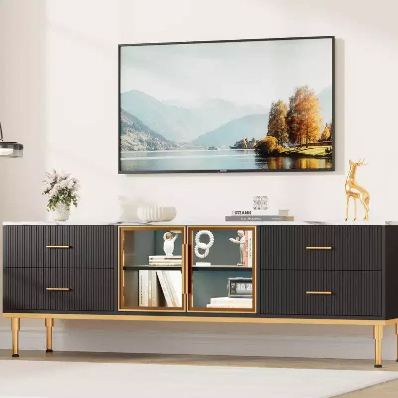 Mobile TV a incasso con illuminazione LED, Centro di intrattenimento moderno per TV fino a 75 pollici, Piano effetto marmo, 4 cassetti.