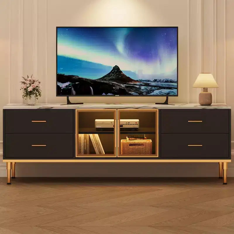 Mobile TV a incasso con illuminazione LED, Centro di intrattenimento moderno per TV fino a 75 pollici, Piano effetto marmo, 4 cassetti.