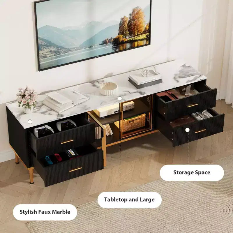 Mobile TV a incasso con illuminazione LED, Centro di intrattenimento moderno per TV fino a 75 pollici, Piano effetto marmo, 4 cassetti.