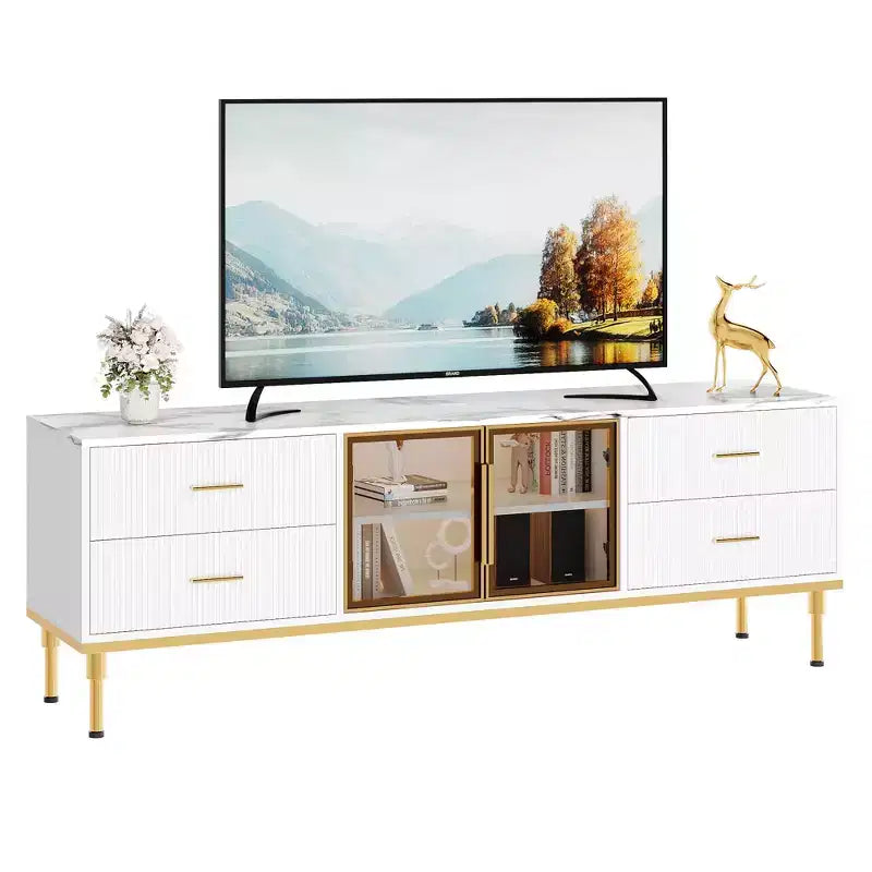 Mobile TV a incasso con illuminazione LED, Centro di intrattenimento moderno per TV fino a 75 pollici, Piano effetto marmo, 4 cassetti.