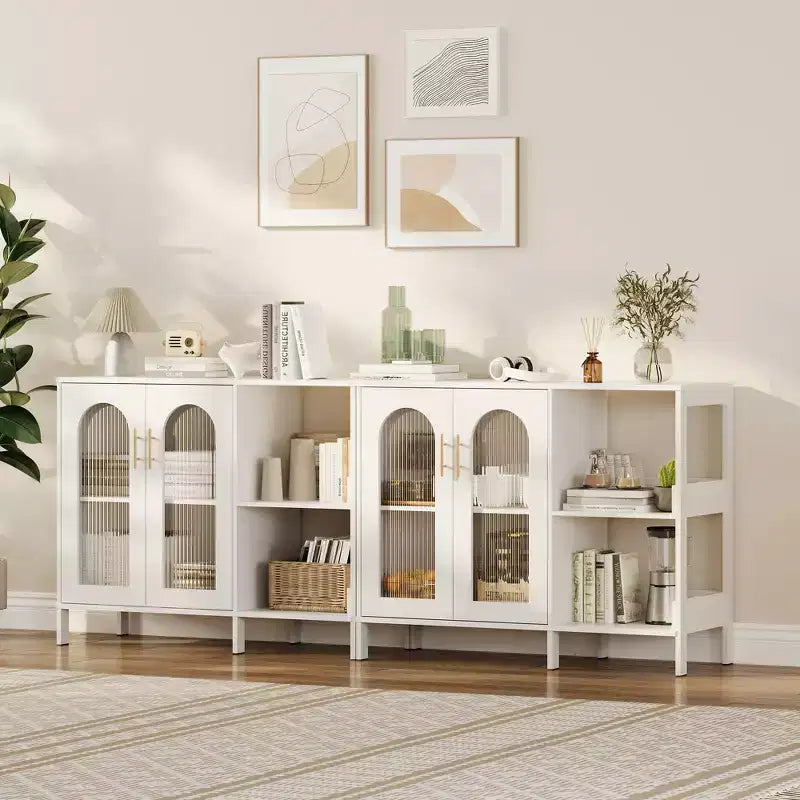 Mobile Buffet Moderno con Ante in Vetro, Mobile da Bar con 2 Ripiani a Giorno e Maniglia in Metallo, Mobiletto d'Accento per Soggiorno e Sala da Pranzo, Bianco