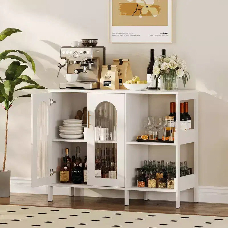 Mobile Buffet Moderno con Ante in Vetro, Mobile da Bar con 2 Ripiani a Giorno e Maniglia in Metallo, Mobiletto d'Accento per Soggiorno e Sala da Pranzo, Bianco