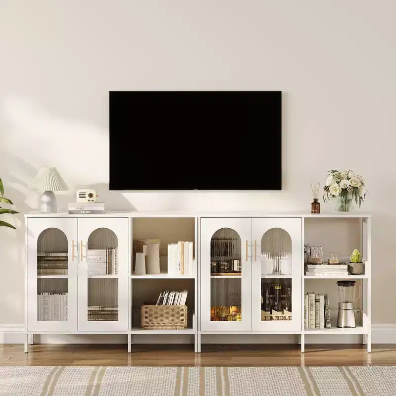 Mobile Buffet Moderno con Ante in Vetro, Mobile da Bar con 2 Ripiani a Giorno e Maniglia in Metallo, Mobiletto d'Accento per Soggiorno e Sala da Pranzo, Bianco