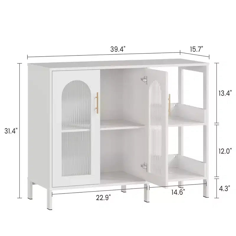 Mobile Buffet Moderno con Ante in Vetro, Mobile da Bar con 2 Ripiani a Giorno e Maniglia in Metallo, Mobiletto d'Accento per Soggiorno e Sala da Pranzo, Bianco