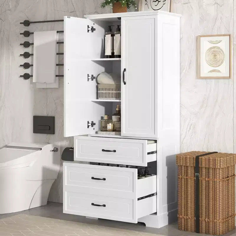 JVNOXK-Mobiletto Alto da Bagno, Armadietto con Due Ante e Cassetti, Mensola Regolabile, Pannello in MDF, Bianco
