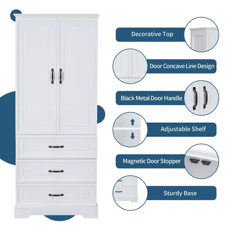 JVNOXK-Mobiletto Alto da Bagno, Armadietto con Due Ante e Cassetti, Mensola Regolabile, Pannello in MDF, Bianco