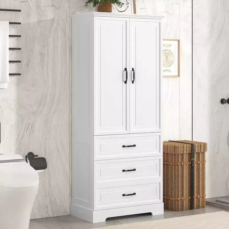 JVNOXK-Mobiletto Alto da Bagno, Armadietto con Due Ante e Cassetti, Mensola Regolabile, Pannello in MDF, Bianco