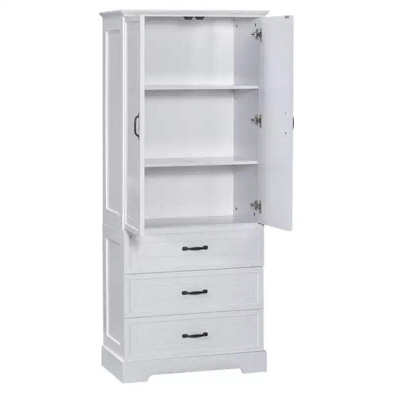 JVNOXK-Mobiletto Alto da Bagno, Armadietto con Due Ante e Cassetti, Mensola Regolabile, Pannello in MDF, Bianco