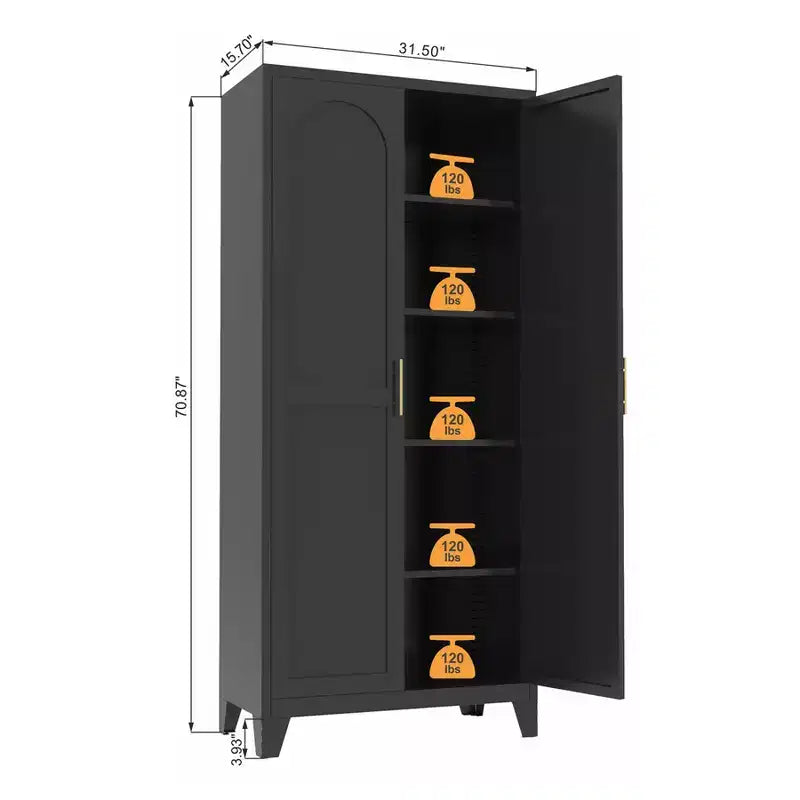 Armadio metallico con doppie ante e ripiani regolabili; Elevata capacità di carico; Ideale per cucine, soggiorni e camere da letto